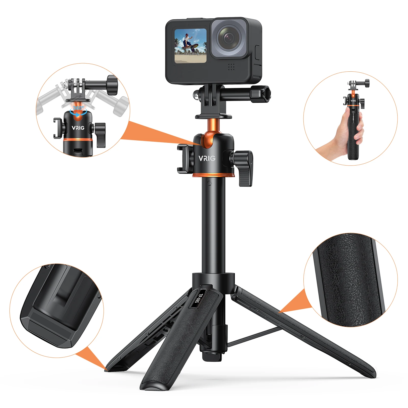 VRIG TP-08S Action Camera Selfiestick Statief 360 °   Uitschuifbare cold shoe voor DJI Osmo Action 6 5 Pro Insta360 GoPro Vlog