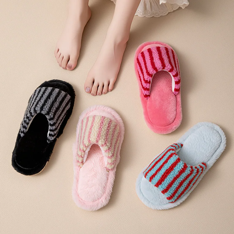 

New Autumn and Winter Striped Color-blocking Open-top Cotton Slippers, Women's Ins Plush Slippers Design, Home Plush Slippers