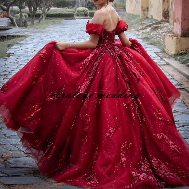 Gaun Quinceanera Merah Gaun Manis Kristal Bermanik Rok Lebar Vestidos Para XV Años Gaun 16 "Robe De Soirée