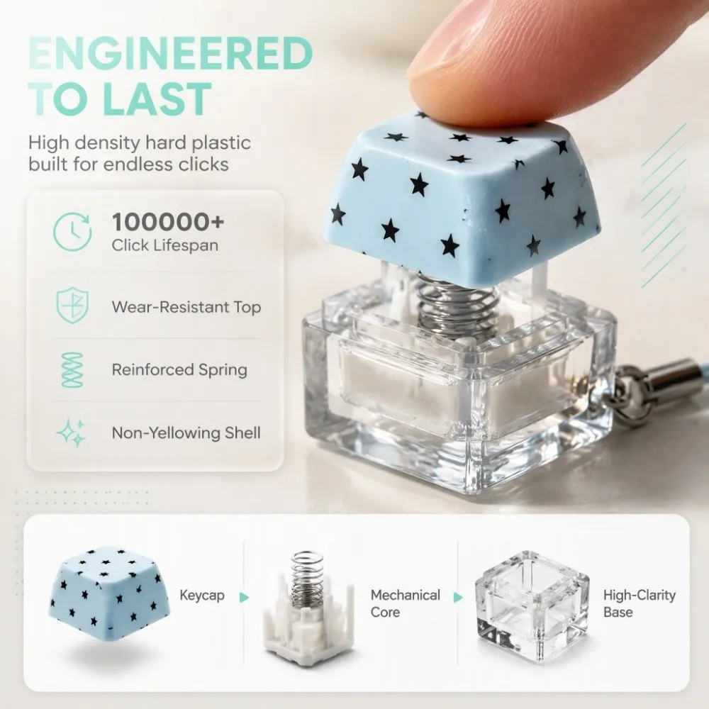 Klickender Fidget-Button, niedlicher Stern-/Polka-Dot-Druck, Mini-Klicker-Anhänger, Tastaturtasten-Form, transparente Basis – Detail 3