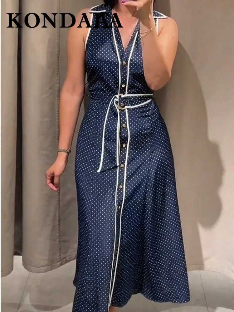 

KODNALA Chic Casual 2025 Polka Dot Woman Dress Sleeveless Sashes Long Dress Fashion Single Breasted Slim Female Elegant Vestidos