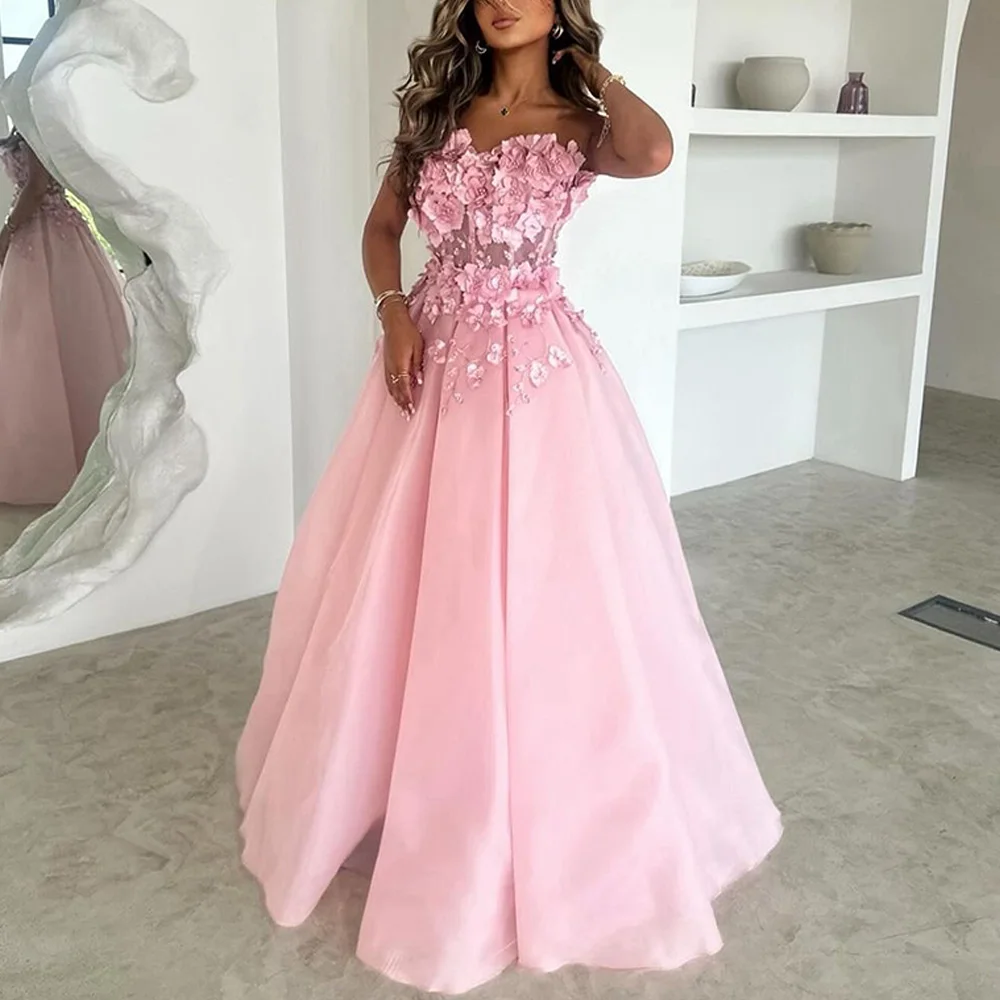 

Strapless Appliques Sleeveless A-Line Tulle Floor Length Ruffles Lace Up Back Exquisite Evening Party Dress For Formal Occasions