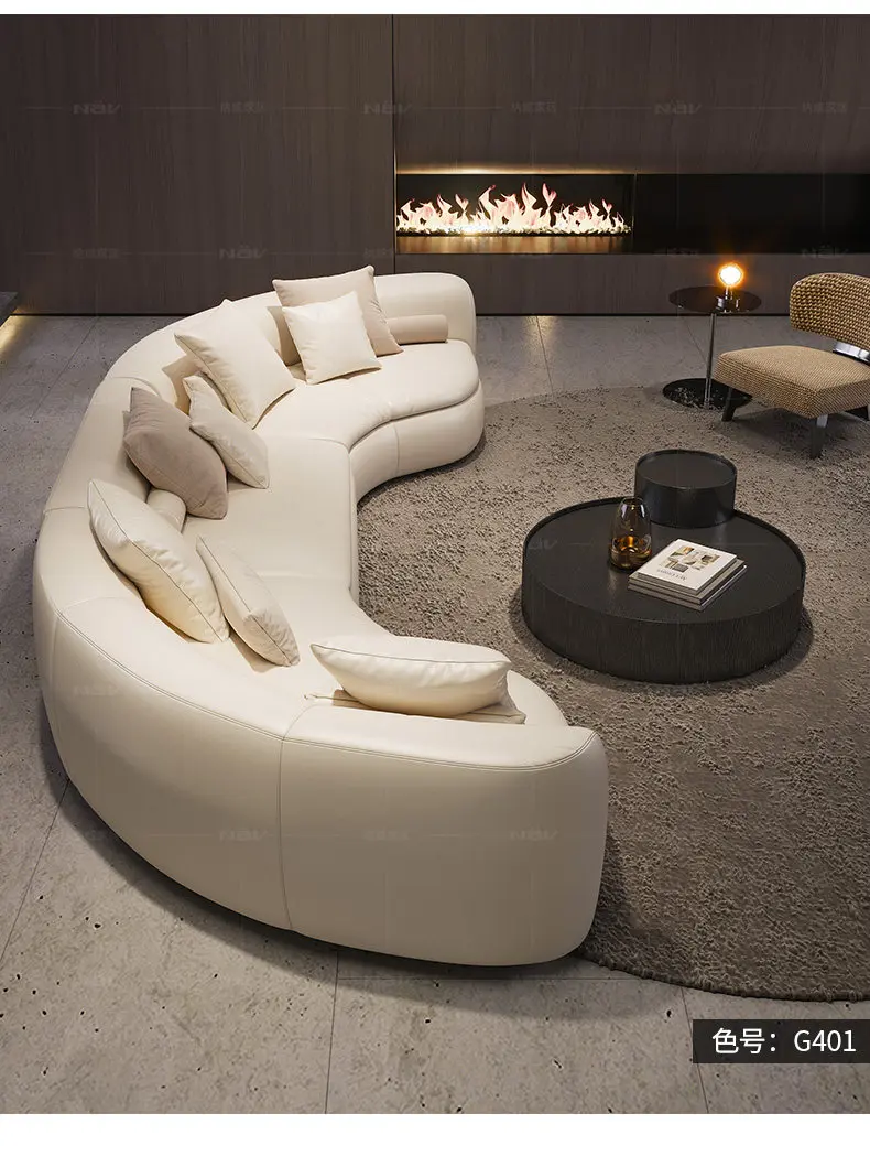 Curved leather sofa, semi-circular living room Italian light luxury minimalist modern simple high-end atmosphere