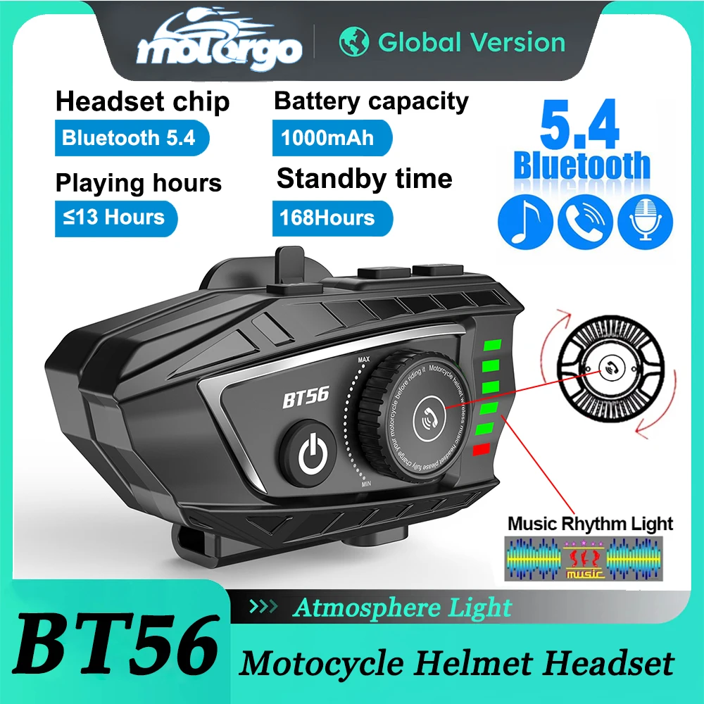 

BT56 Motorcycle Helmet Headset Bluetooth 5.4 Voice Control Motorcycle Wireless Hands-on Talking Headset Earphone with RGB Light