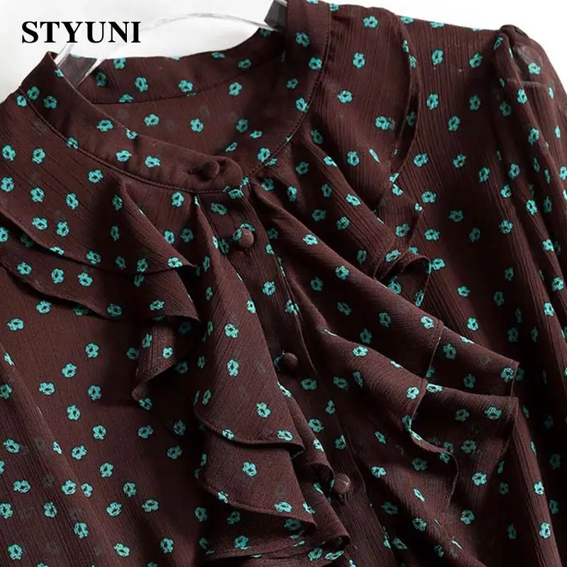 Ruffled Coffee Polka Dot Print Vintage Long Sleeve Women's Blouse Shirt Korean Fashion Female Blouses Top 2023 Summer Spring