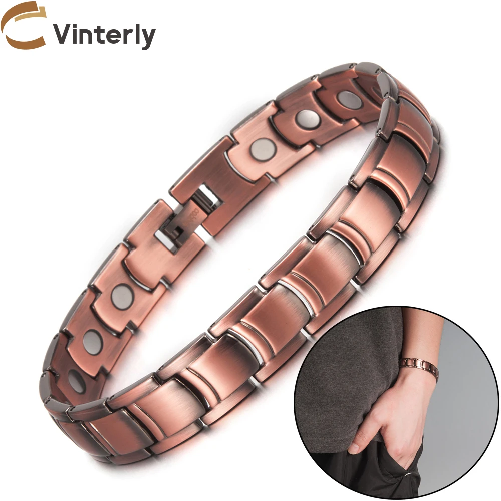 Vinterly Magnetic Pure Copper Bracelet Men 12mm Wide Wristband Metal Magnet Therapy Hand Chain Link Health Energy Male Jewelry