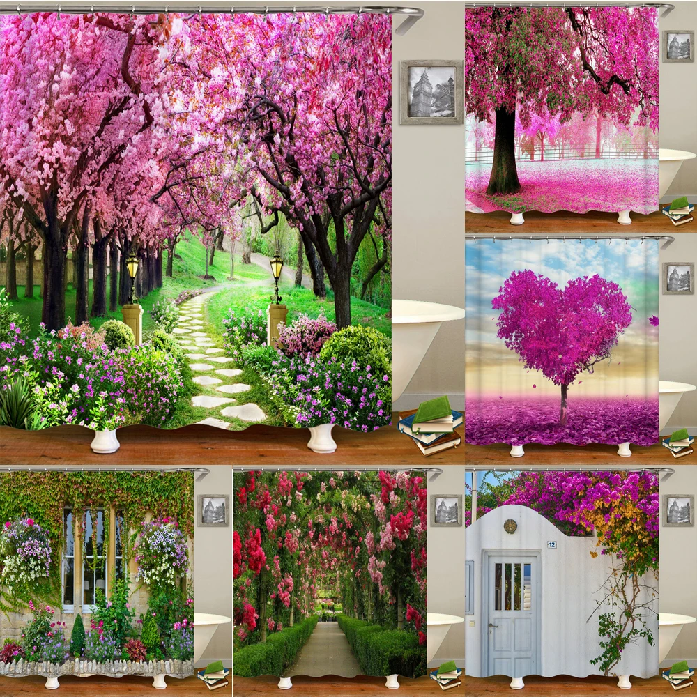 

Idyllic Garden Flowers Forest Landscape Shower Curtain Love Tree Bathroom Curtain Frabic Waterproof Bath Curtains for Bathroom