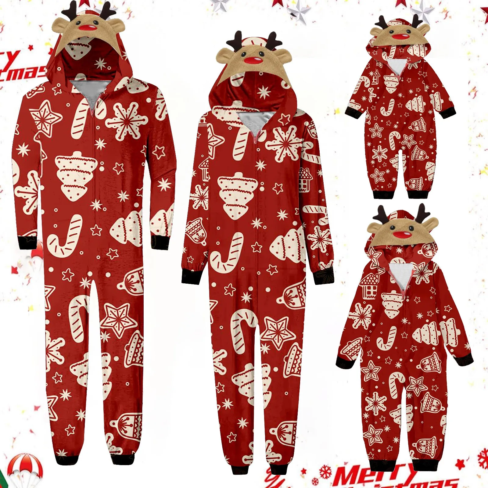 2025 One-Piece Pajama Cartoon Animal Elk Full Zip Hooded Jumpsuit Christmas Family Matching Outfits Adults Kids Sleepwear Romper