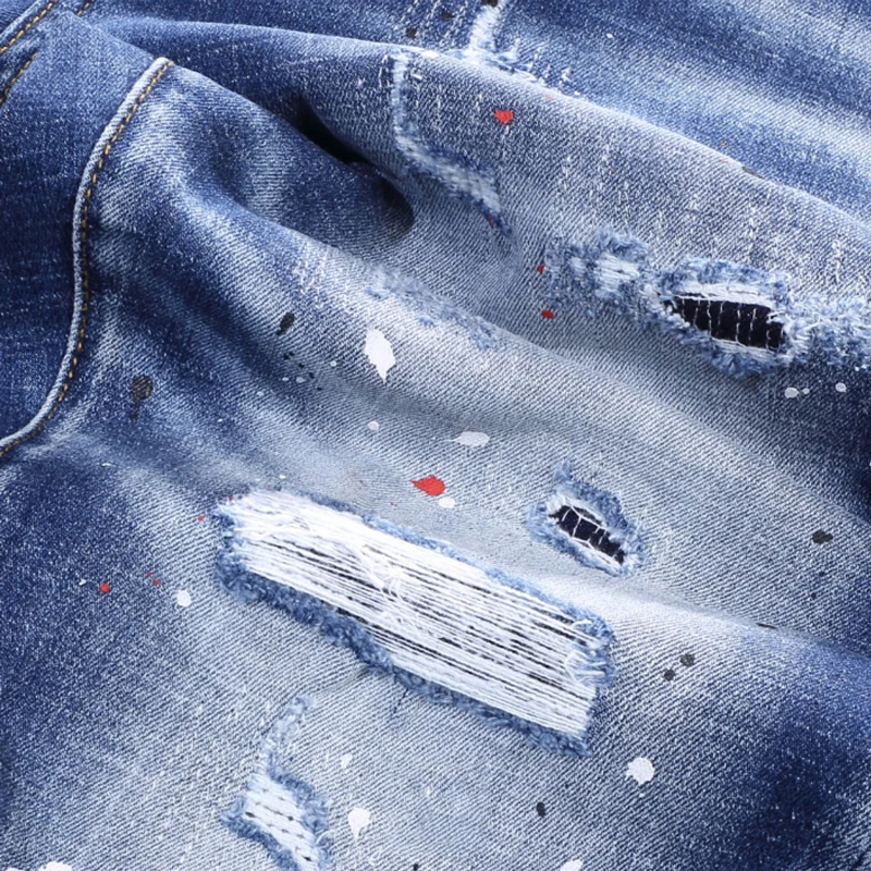 Street Fashion Men Jeans Retro Blue Elastic Stretch Slim Ripped Jeans Men Painted Designer Trousers Vintage Denim Pants Hombre