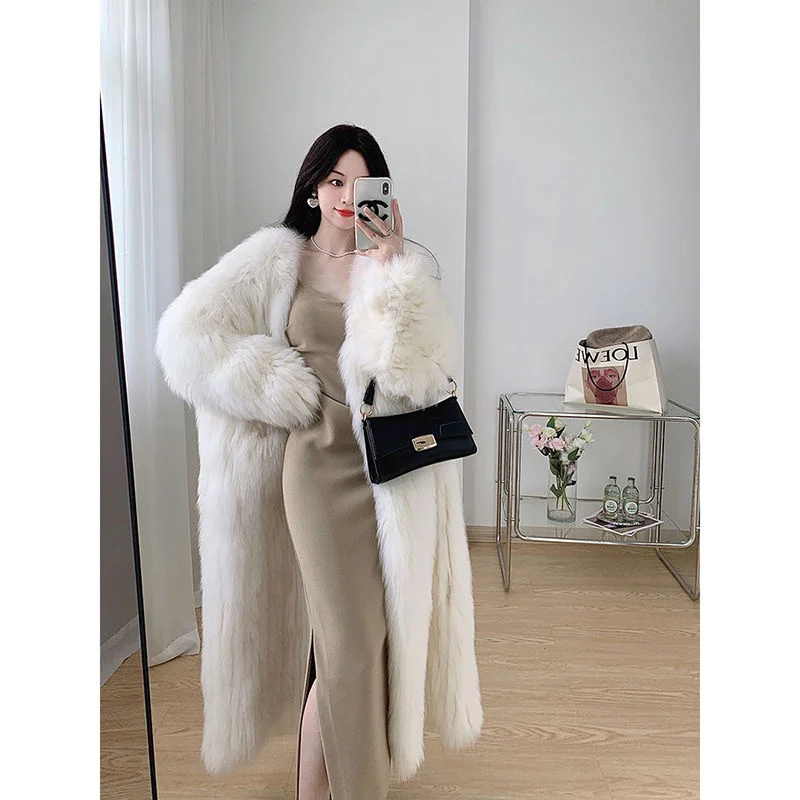 Encrypted Winter 2023 Women Padded Warm Faux Fox Fur Long Fur Coat Female Quilted Lining Young Online Loose Celebrity Fur jacket