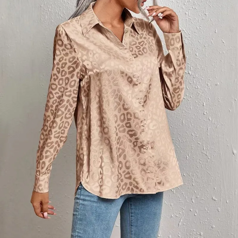 Spring and Autumn Women's Polo Collar Printed Leopard Button Long Sleeve Single Breasted Cardigan Chiffon Shirt Coat Casual Tops