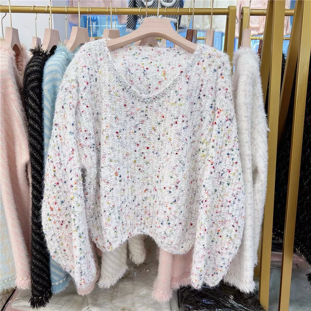 سترة نسائية تريكو ناعمة طويلة منقطة مرقعة كورية Sle V-Ne سترة عصرية كسول موضة خريف وشتاء...