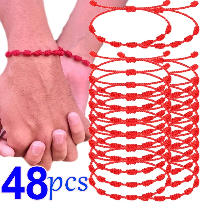 1-48Pcs 7 Knot Red String Bracelet For Couple Rope Braided Bracelets Protection Good Luck Amulet for Success Handmade Jewelry