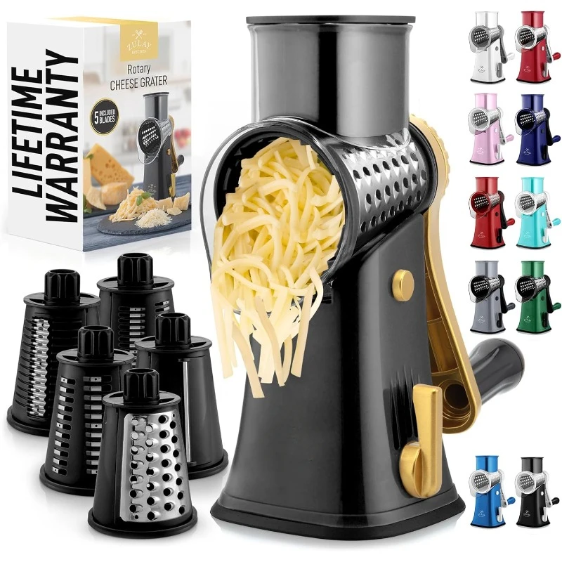 Rotary Cheese Grater 5 Blade Cheese Shredder - Manual Hand Crank Cheese Grater With Reinforced Suction & 5 Interchangeable Drums