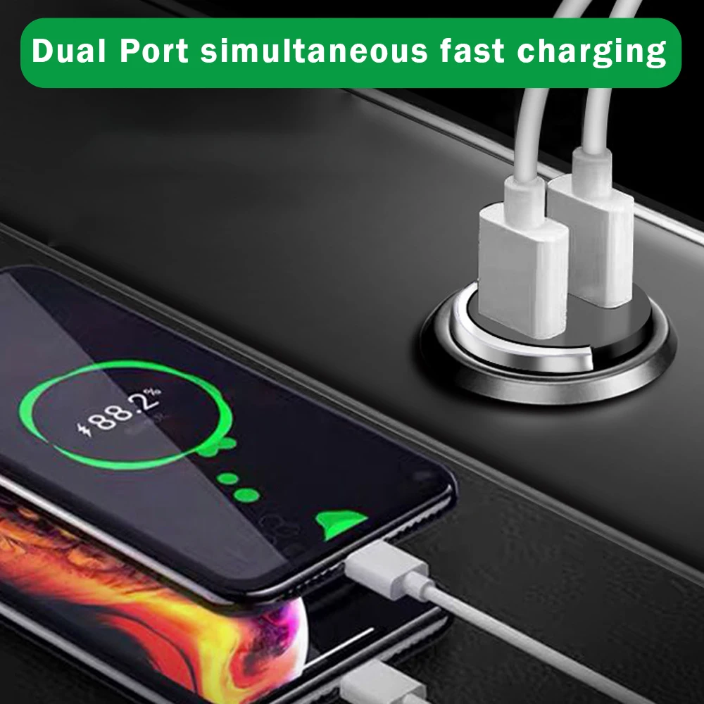 200W Dual Ports Mini USB Car Charger Super Fast Charging Cigarette Socket Lighter 12-24V Aluminum Alloy Phone Charge Adapter