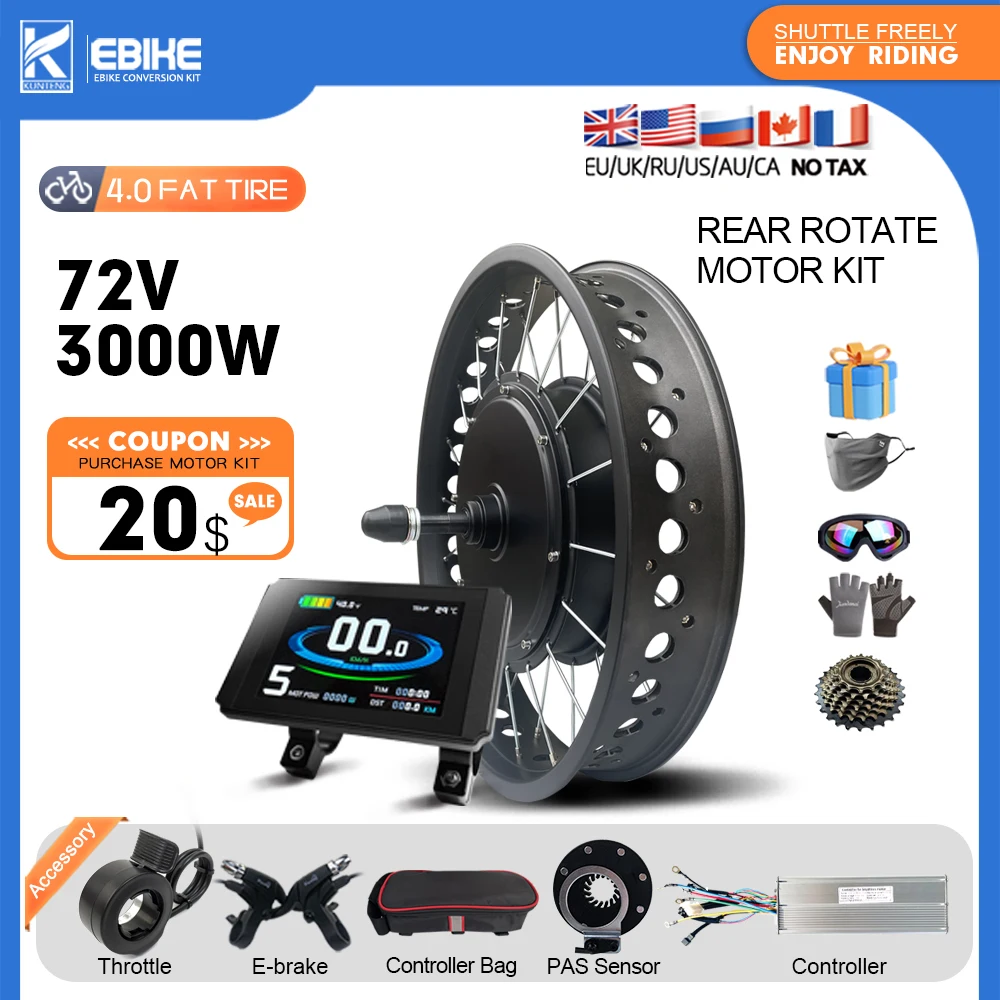 

Ebike Conversion Kit 72V 3000W Fat Tire Rear Wheel Hub Motor Dropout 170MM For Snow Bike Electric Bicycle Conversion Kit