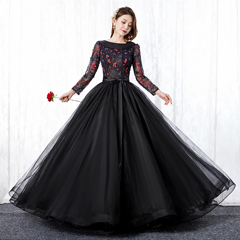 Vestidos De Quinceañera De manga larga De ilusión, vestido De baile De encaje con flores y cuello redondo, clásico, negro, largo hasta el suelo, 15 con cinturón