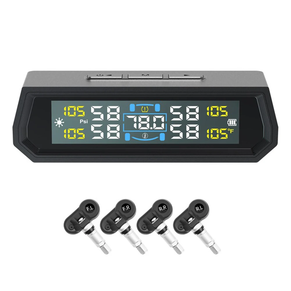 Sistema de monitoramento de pressão dos pneus movido a energia solar/usb com 4 sensores sistema de monitoramento de pressão dos pneus display lcd para rv sedan suv caminhão