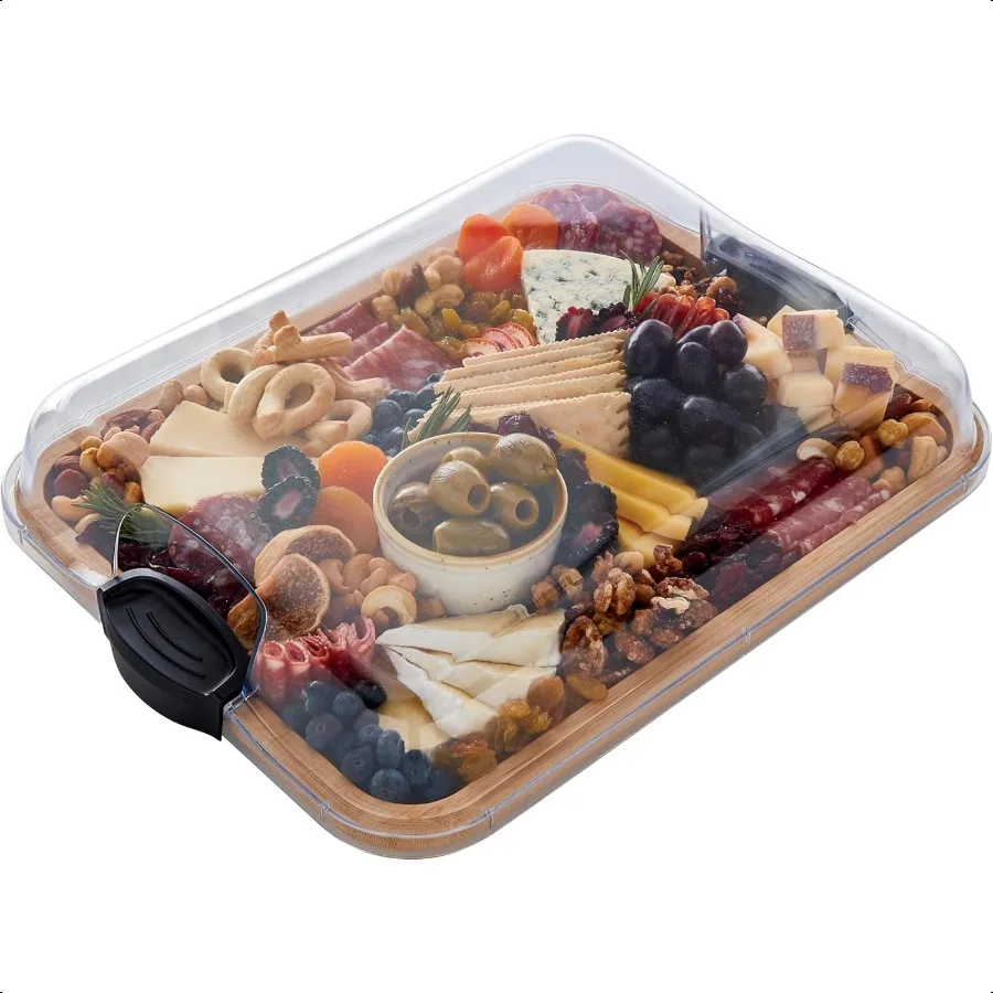 

BuildABoard Bamboo Cutting Board with Single Storage Compartment Clear Locking Lid Black Handles Perfect for Charcuterie Snacks