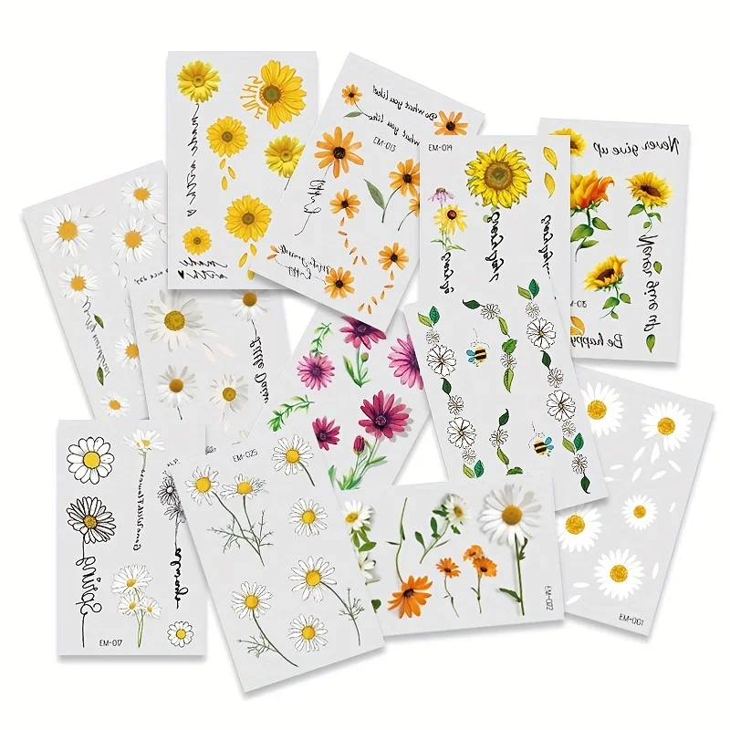 12 Daisy temporary tattoos for women. Flower fake tattoo body art sticker, waterproof and long-lasting, suitable for arms, hands