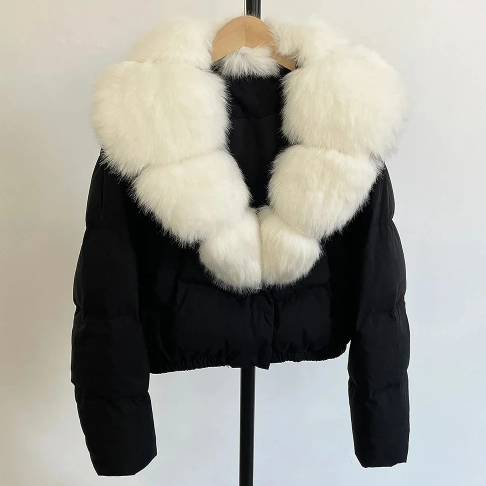 الشتاء المرأة قصيرة أسفل سترة الثعلب الفراء طوق دافئ المألوف الأبيض بطة أسفل تنوعا ملابس خارجية معطف سميك كم طويل #1