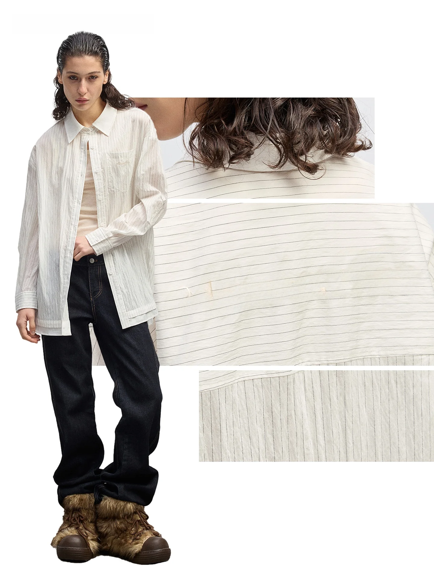 

Unique Bubble Cloth Texture Striped Fabric Boyfriend Sle Long Sve Casual irt Loose Fit Ry Rayon Nylon Polyester Blend