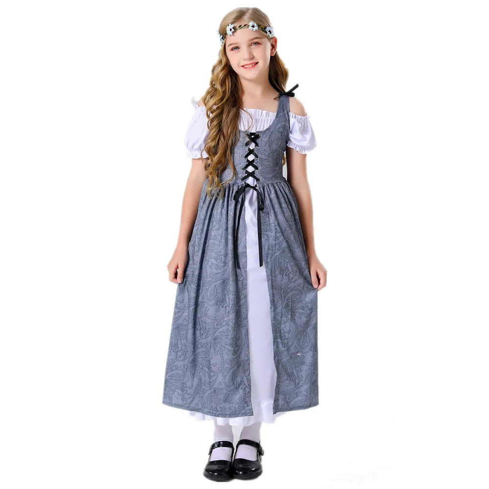 

Halloween Kid Girl French Manor Farm Maid Costume Medieval Renaissance Vintage Long Dress Cosplay Oktoberfest Dirndl