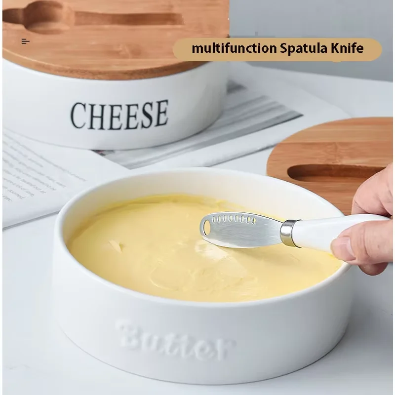 Keramik-Butterdose mit Deckel für die Arbeitsplatte, Butterbehälter mit Spatel und Messer, Butterhalter für die Theke
