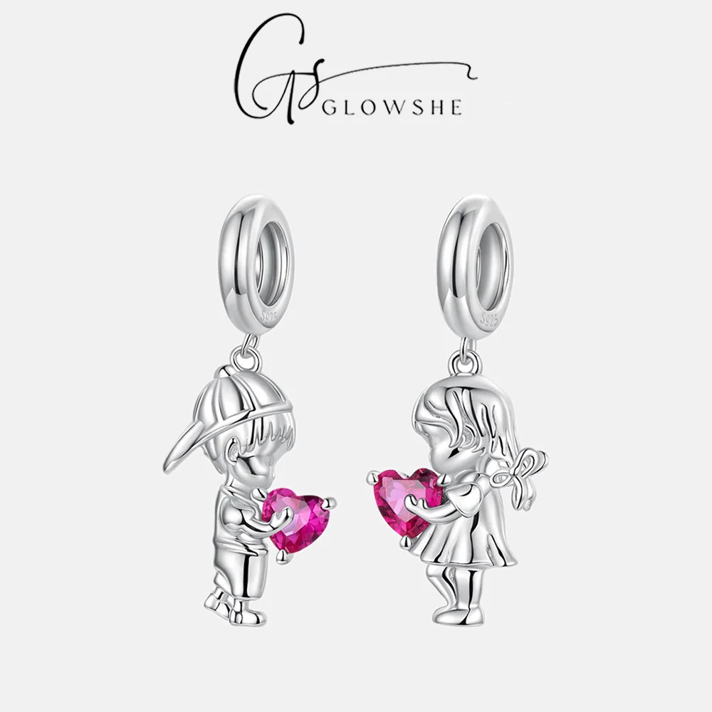 

Glowshe 925 Sterling Silver Lover Couple Charm Pendant Boy Girl Figure Heart Zircon Romantic Fine Jewelry For Necklace Bracelet