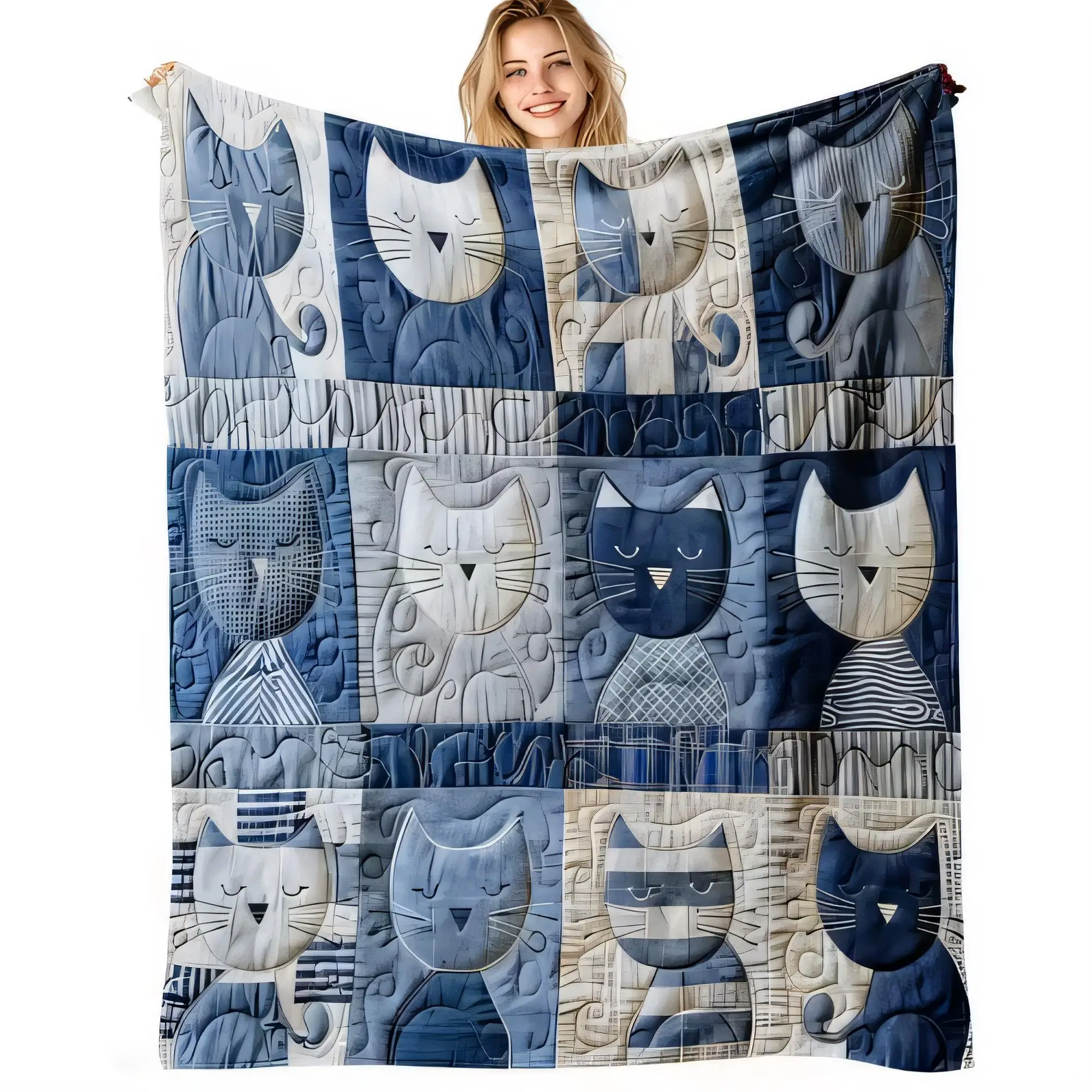 Skurrile gesteppte Decke mit Cartoon-Katze, weicher, farbenfroher Überwurf für Couch oder Bett, leichte, gemütliche Bettwäsche mit einzigartigem Katzendesign