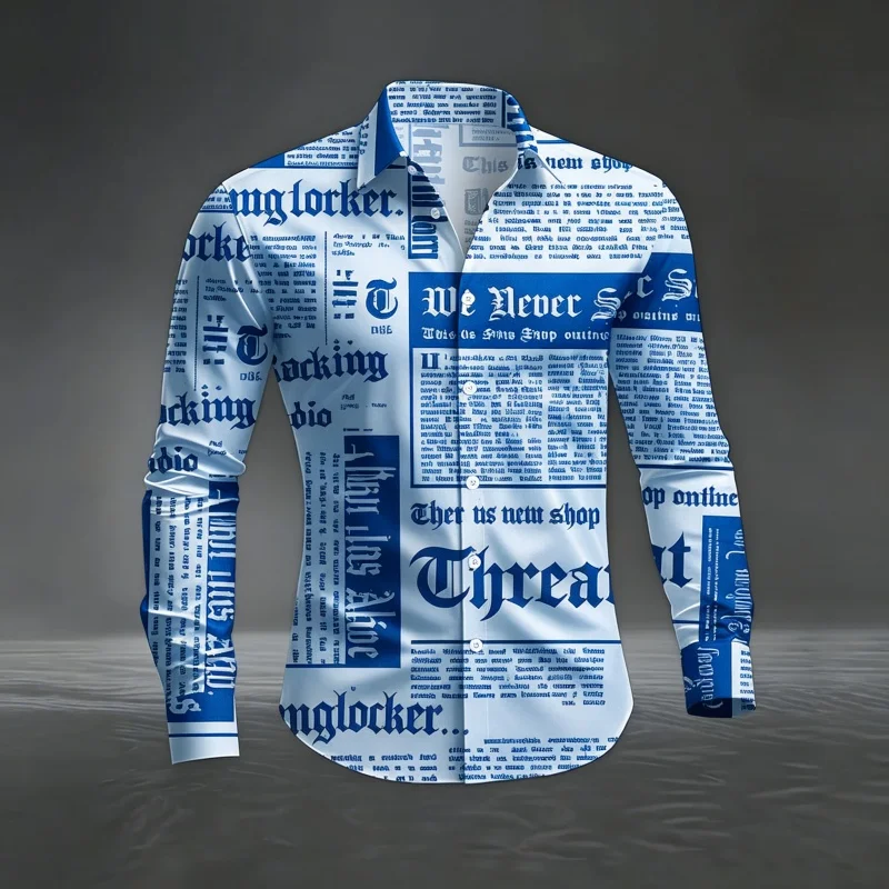 Men's Newspaper Print Long Sleeve Shirt Vintage Gothic Letter Print Casual Streetwear Blouse