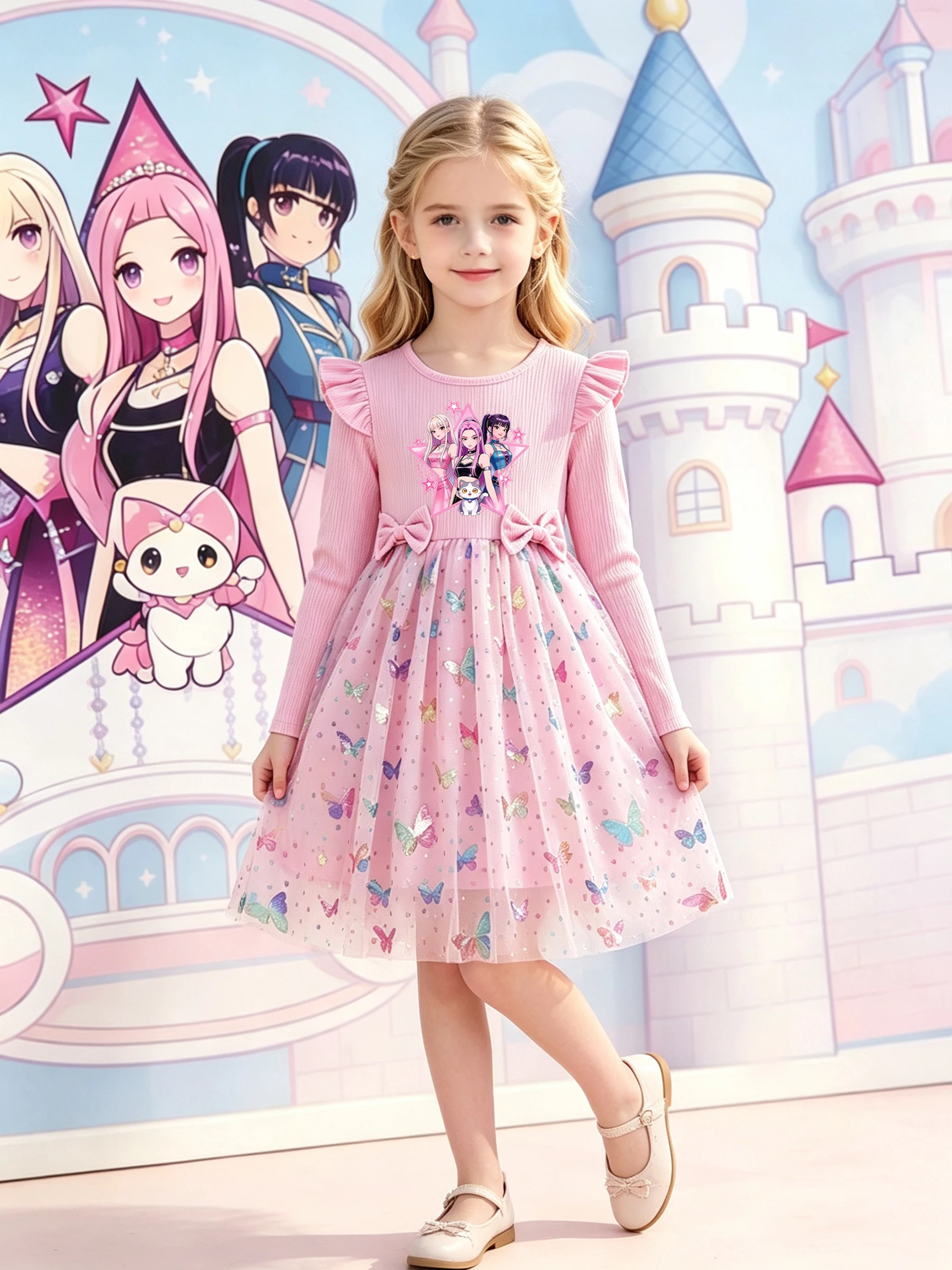 Langärmliges Tüllkleid für Mädchen, Cartoon-Druck, Schleifendekoration, Pailletten-Schmetterlings-Tüllrock, Herbst-Outfit im Prinzessinnen-Stil für Li – Detail 4