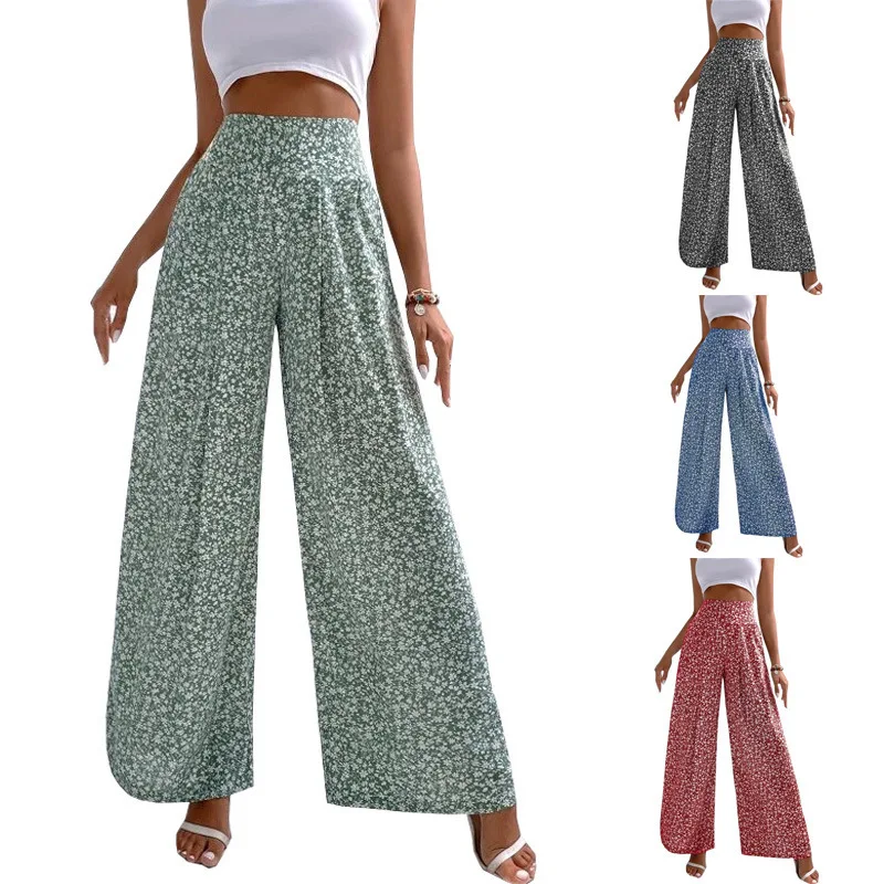 

New Women's Trousers Elastic Waist Floral Print Pastoral Vacation Casual Fashion Loose High Waist Wide-leg Pants