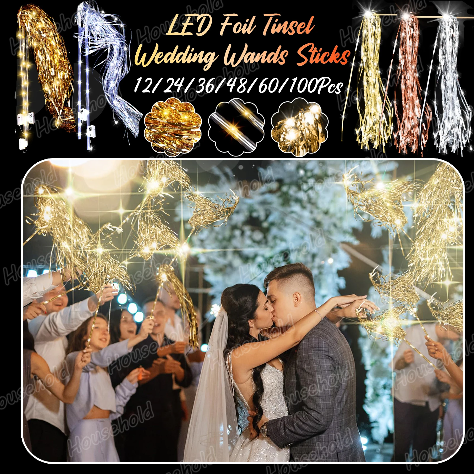 12-100 ชิ้น Lighted Wedding Wands LED ฟอยล์ Tinsel งานแต่งงาน Wands Sticks Light Up งานแต่งงาน Streamers Glow in The Dark Party favors
