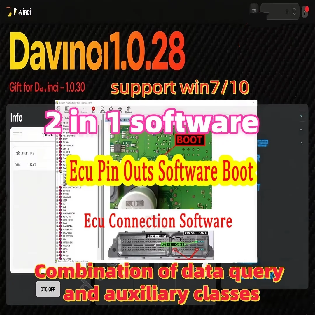 

Коллекционная версия ECU Pinouts, хит продаж, программное обеспечение davinci 1.0.28, поддержка Win 7/10/11, работает на KESS/KTAG 3, продается keygen, неограниченное количество