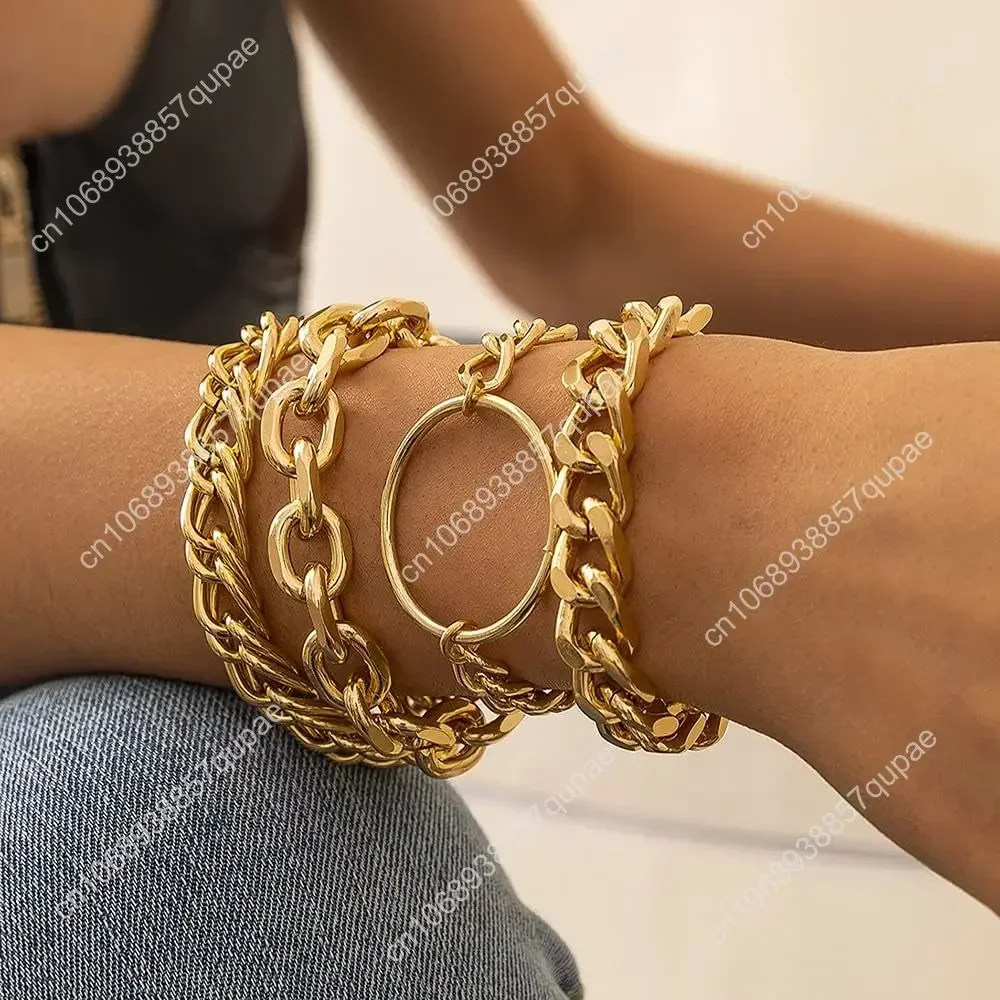 

Gold Chunky Chain Bracelet for Women Charm Boho Bracelet for Women Flat Cable Chunky Chain Bangle with Circle Set of 4