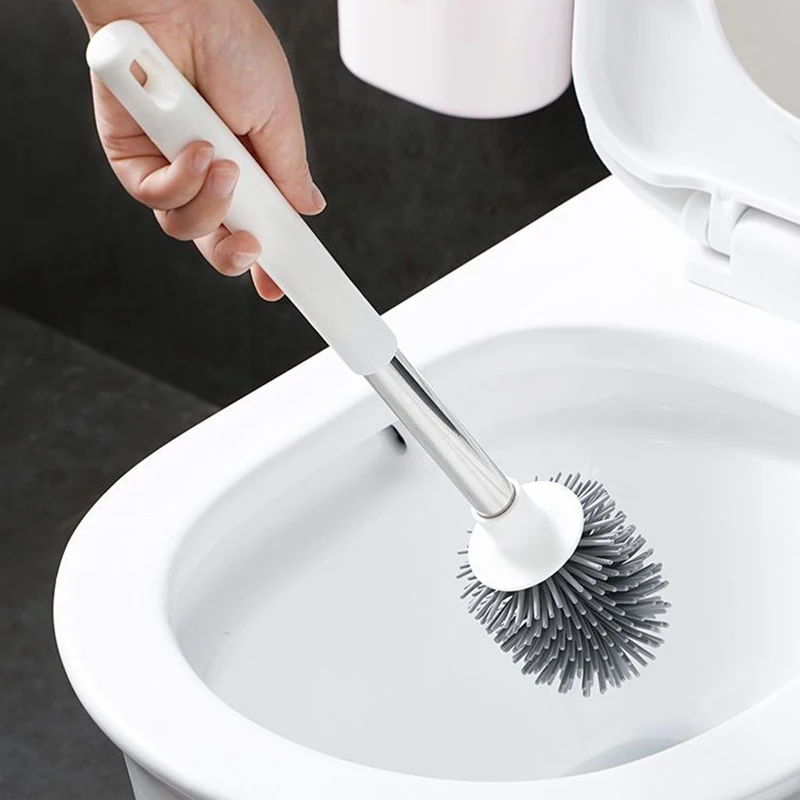 Silicone Toilet Brush with Holder Set Long Handled Round TPR Cleaner Brushes Wall Mounted Drain Wc Bathroom Accessories