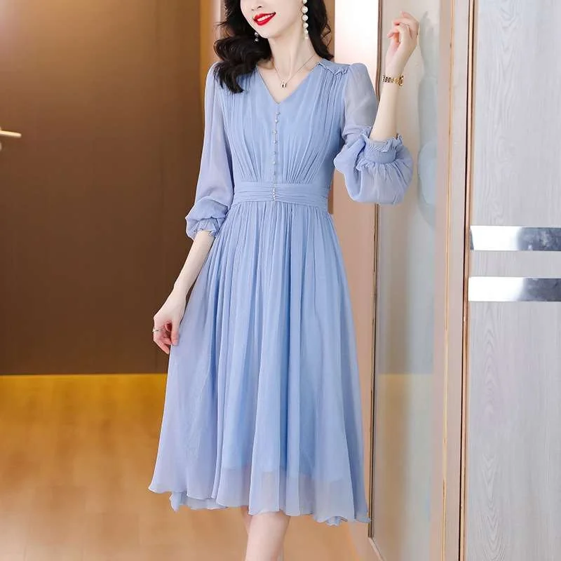 

Синяя шифоновая юбка трапециевидной формы Dr Women Summer New Sle Faionable Ele со средней талией Long Sve Базовая модель для среднего возраста ...