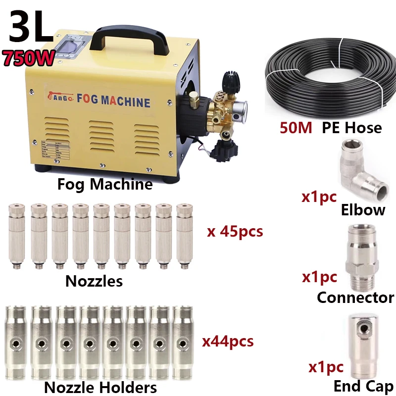 

3L 750W High Pressure Mist Pump Fog Machine Spray Kit 50M Tubes+3/8''Quick Connecter+ 45Pcs Threaded Nozzles For Misting Cooling