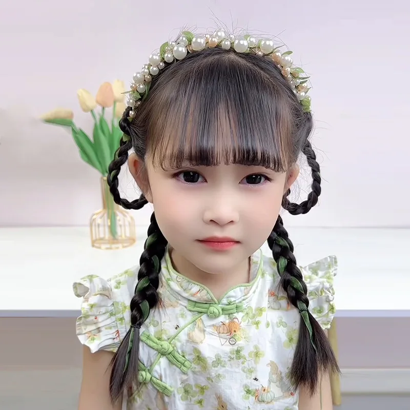 Girl Temperament Forest Style Green Leaves Pearl Flowers Looped Hair with Snow Gauze Braided Hair Accessories Fresh Headband