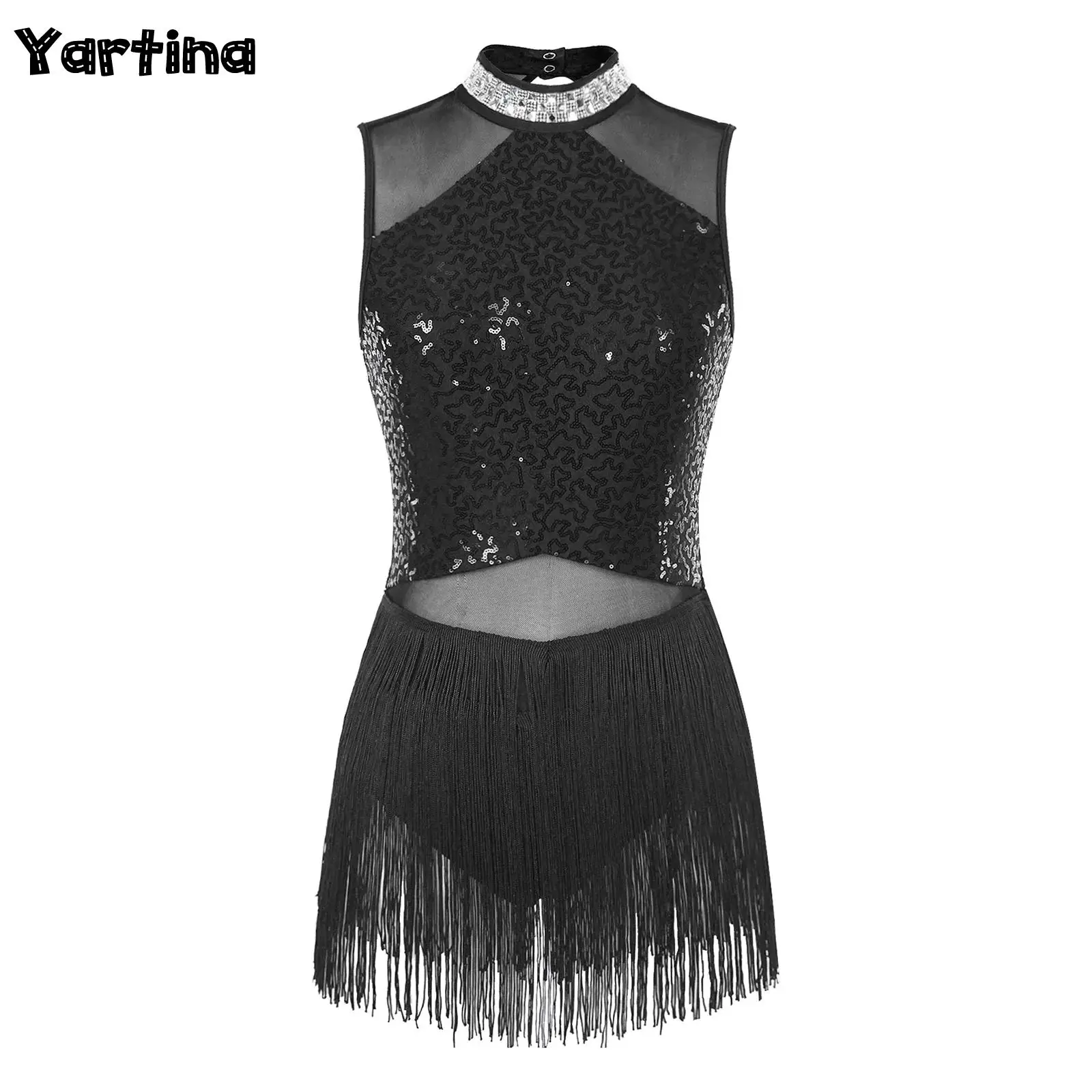 Collant da balletto con nappe da donna tuta da ballo con paillettes con strass glitterati Costume da spettacolo latino Tango Rumba Cha-Cha Samba