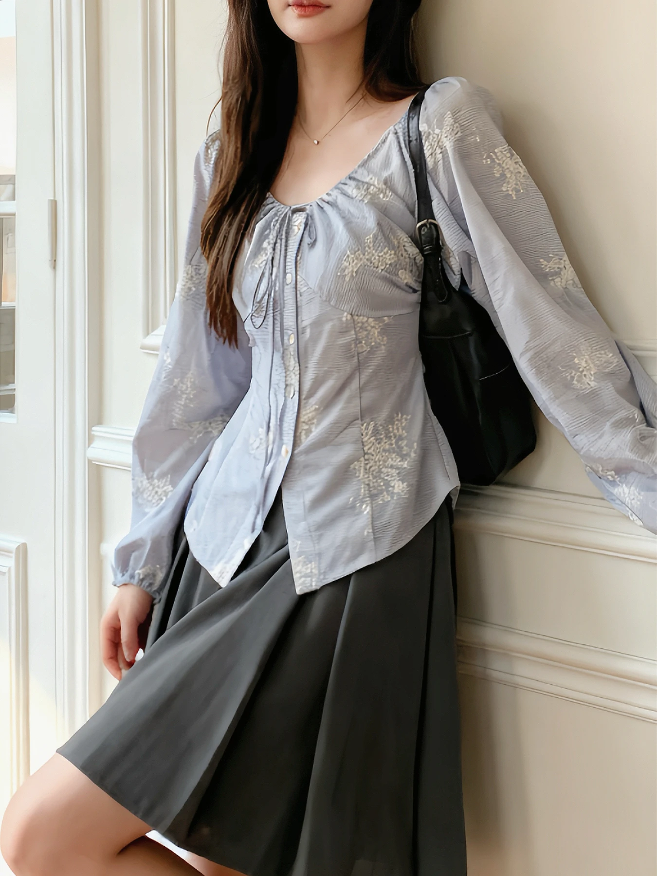 

Женская приталенная рубашка Ele Slim Fit синяя в полоску с U-образным вырезом, новинка осени 2025, хлопковая, с длинным рукавом, на пуговицах, повседневная