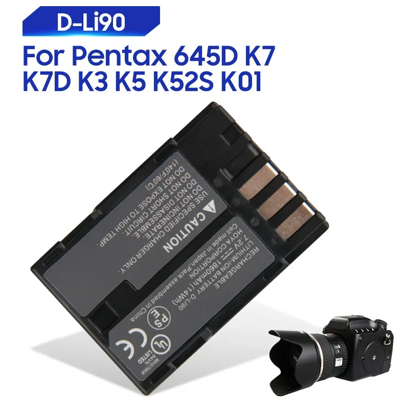 

High-Quality Replacement Battery For Pentax 645D K7 K7D K3 K5 K52S K01 D-Li90 Rechargable Li-ion Batteries 1860mAh