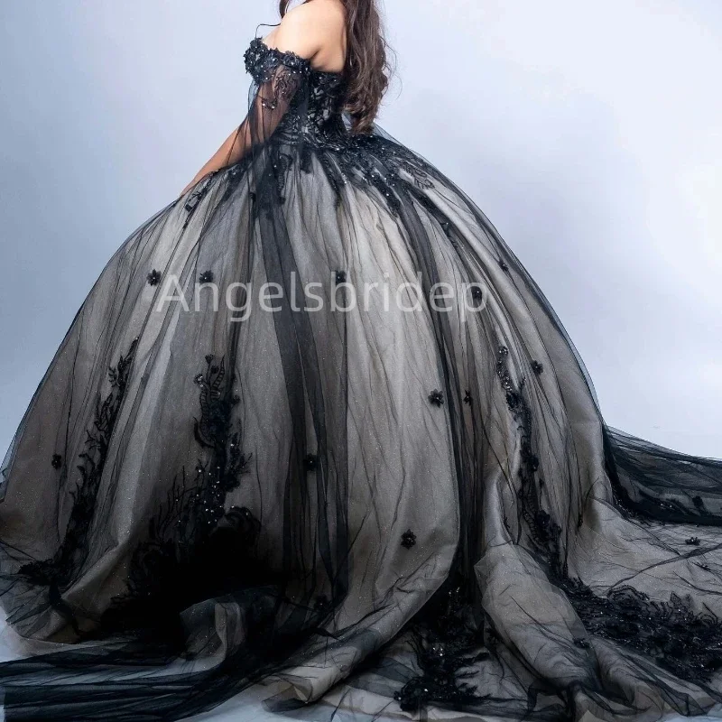 Angelsbridep-Elegante vestido de baile preto com apliques 3D, vestido Quinceanera, vestidos de festa, 15 anos