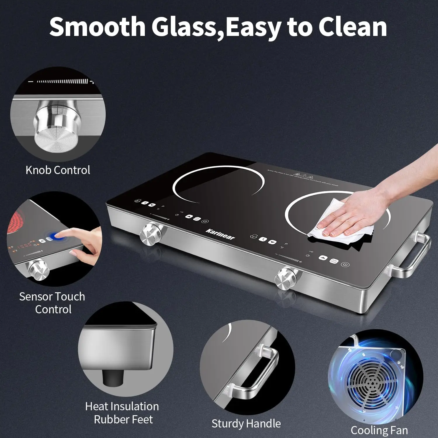 Karinear เตาเซรามิกแบบตะแกรง2โซนเตาไฟฟ้าขนาด3200วัตต์พร้อมตัวล็อคนิรภัยลูกบิดและระบบควบคุมแบบสัมผัสหัวเปิดปิดขนาด56ซม. 240V