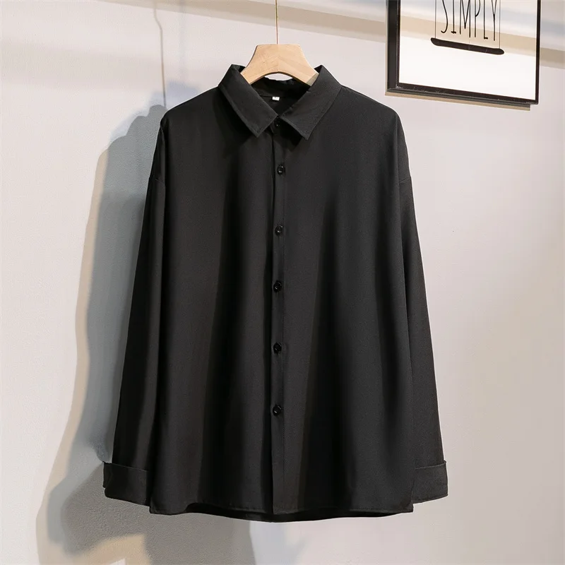 Premium Feel Long Sleeve Ice Silk Shirt Men's Thin Loose Fit Summer Youth Fashion Sharp Collar No Iron Treatment Casual Shirt