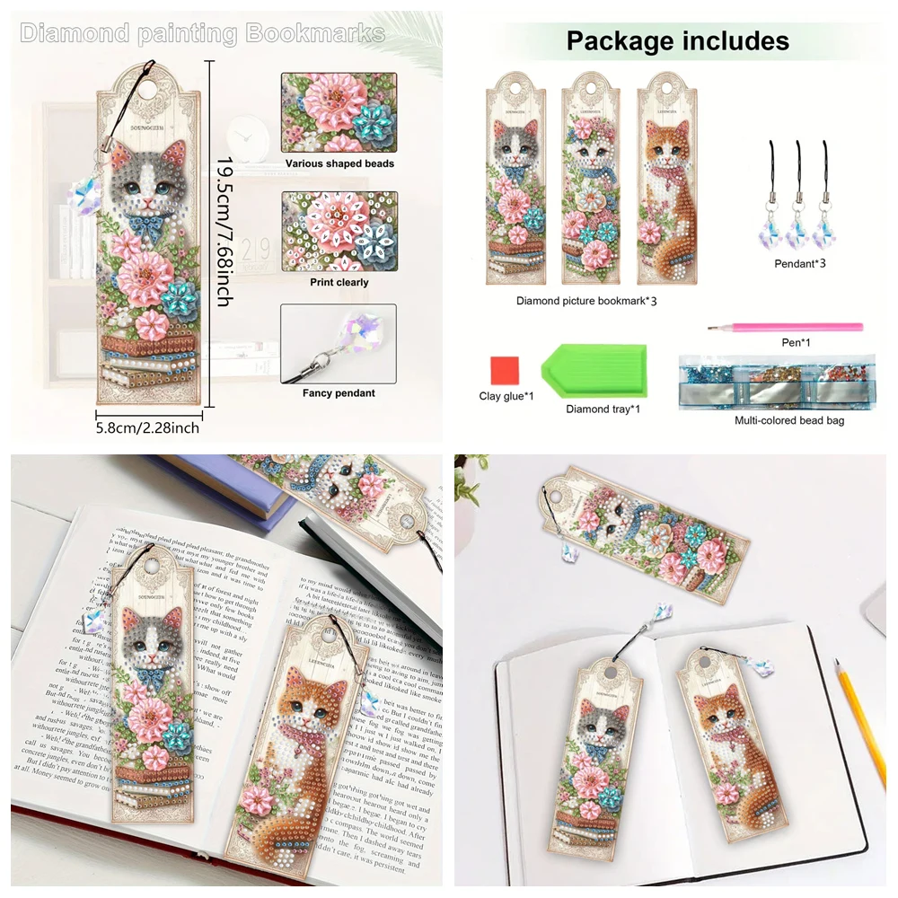 3 marcapáginas de arte con diamantes de gatos DIY para adultos, marcapáginas de diamantes de imitación de cristal acrílico para notas de libros, regalos para festivales y vacaciones