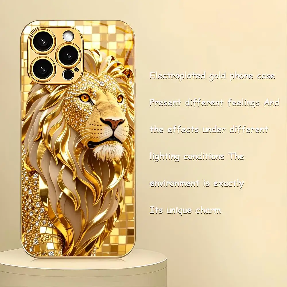 

Majestic Golden Lion Metallic Glass Phone Case Suitable for iPhone 17 16 15 14 13 12 11 Pro/Max/Plus Anti Shock Back Cover