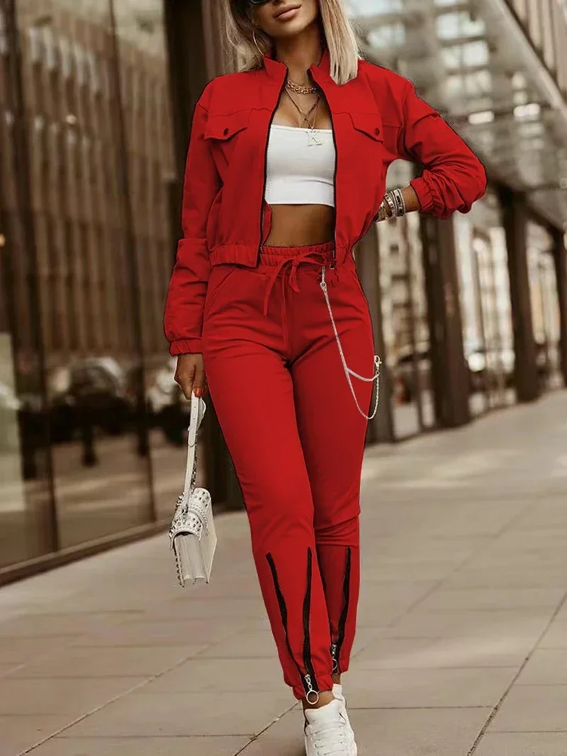 Streetwear 2 Piece Sets Women Outfit Spring Clothing Solid Zip Fly Jacket Crop Top and Pants Sets Tracksuit Women Two Piece Set