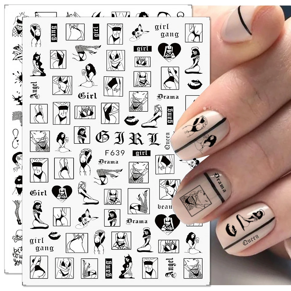 

3D Black and White Nail Stickers Dark Heart Sexy Girl Nail Decals Nail Art Decoration DIY Nail Supplies Adhesive Stickers